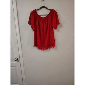 Just Silk‎ Red Crochet Lace Trim Off The Shoulder Boho Blouse Medium